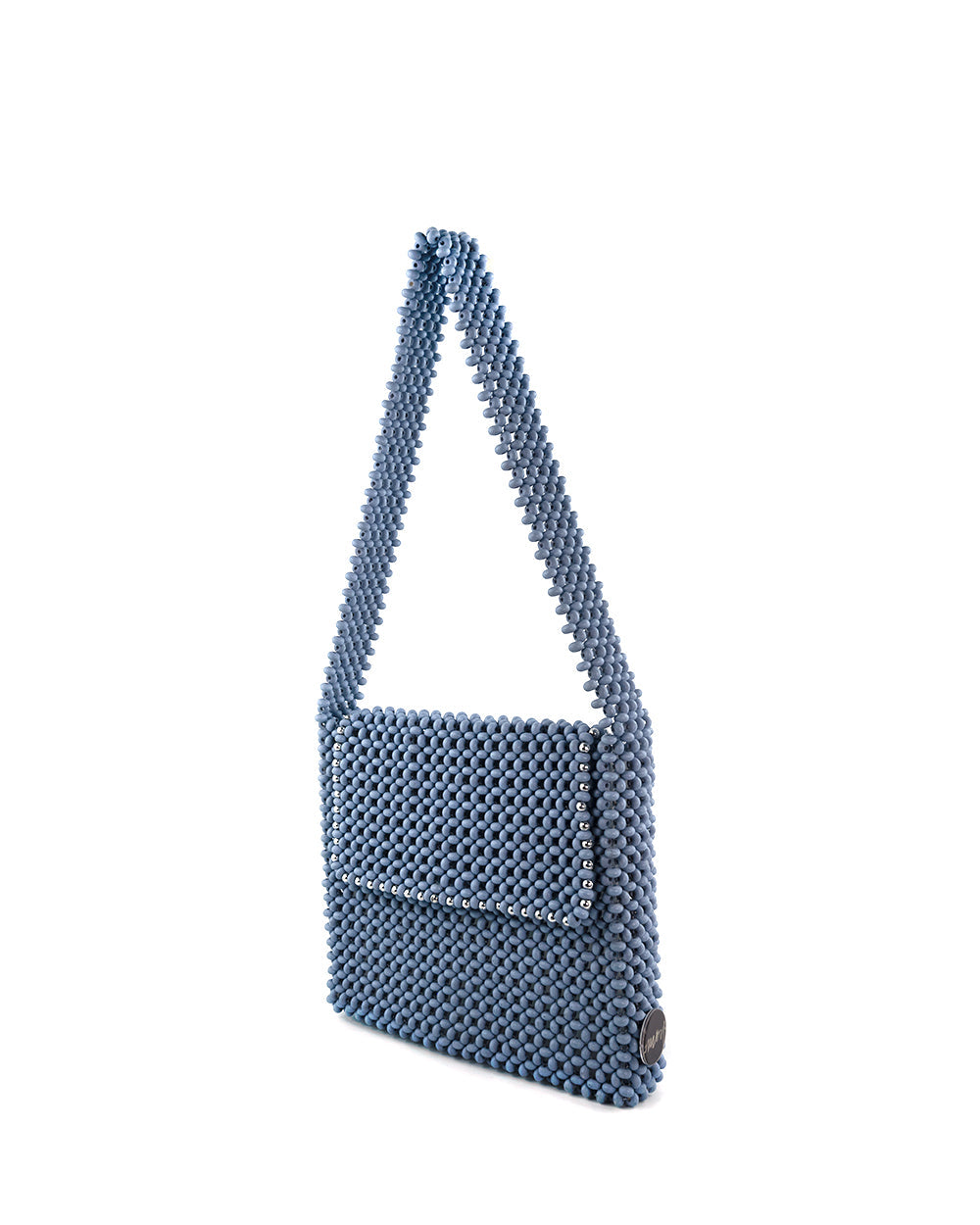 2021 denim favi moy handmade woven wood bead bag side view