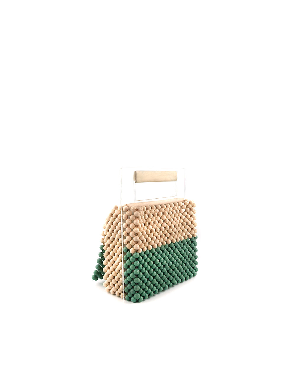 2021 two-tone green moy handmade woven wood bead bag with acrylic panel handle side view