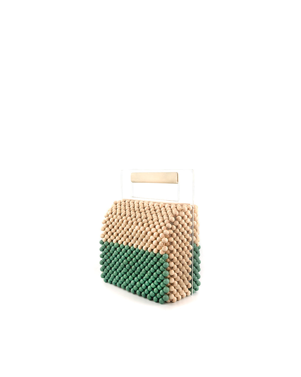 2021 two-tone green moy handmade woven wood bead bag with acrylic panel handle