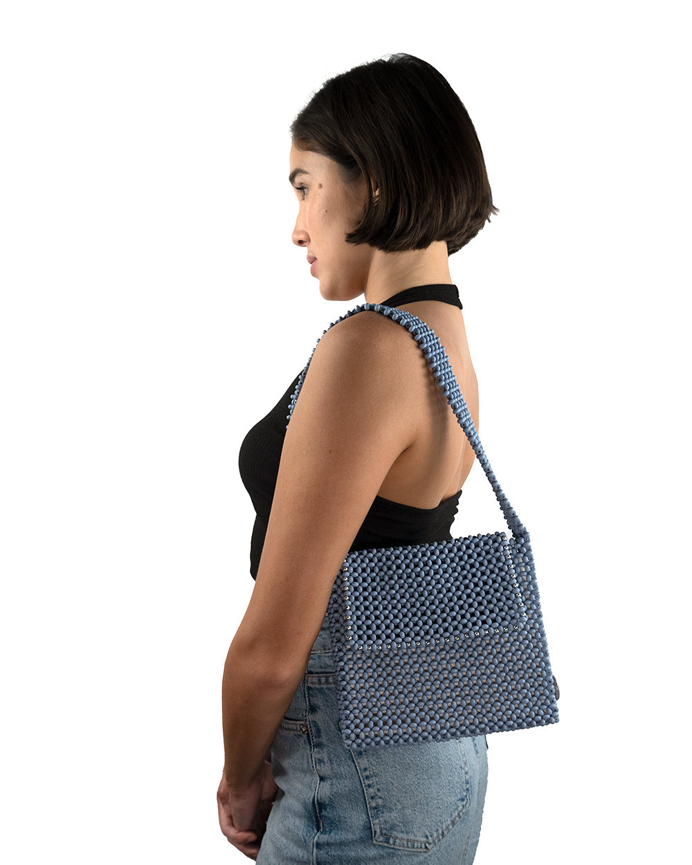 model 2021 denim favi moy handmade woven wood bead bag