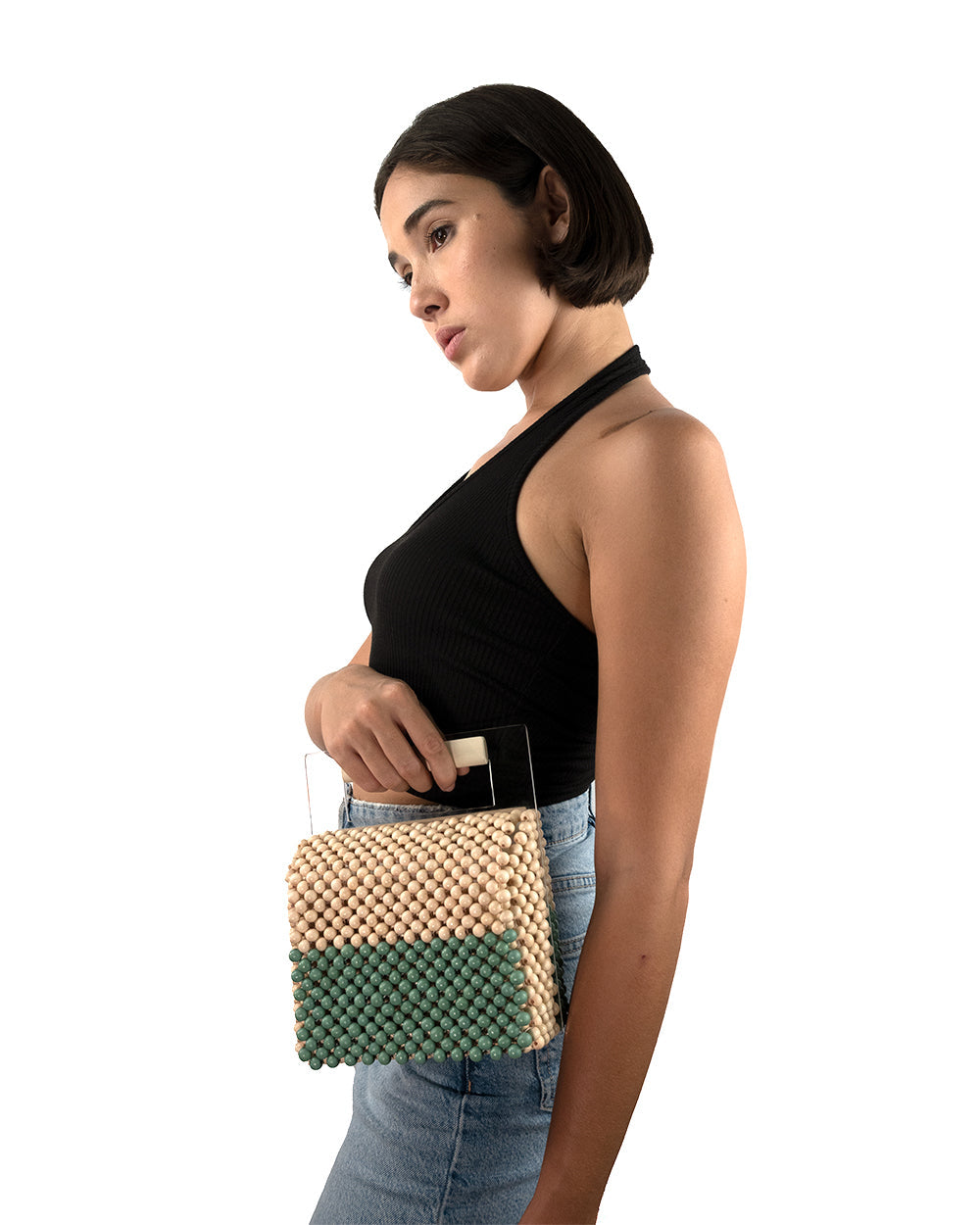 Model 2021 two-tone green moy handmade woven wood bead bag with acrylic panel handle