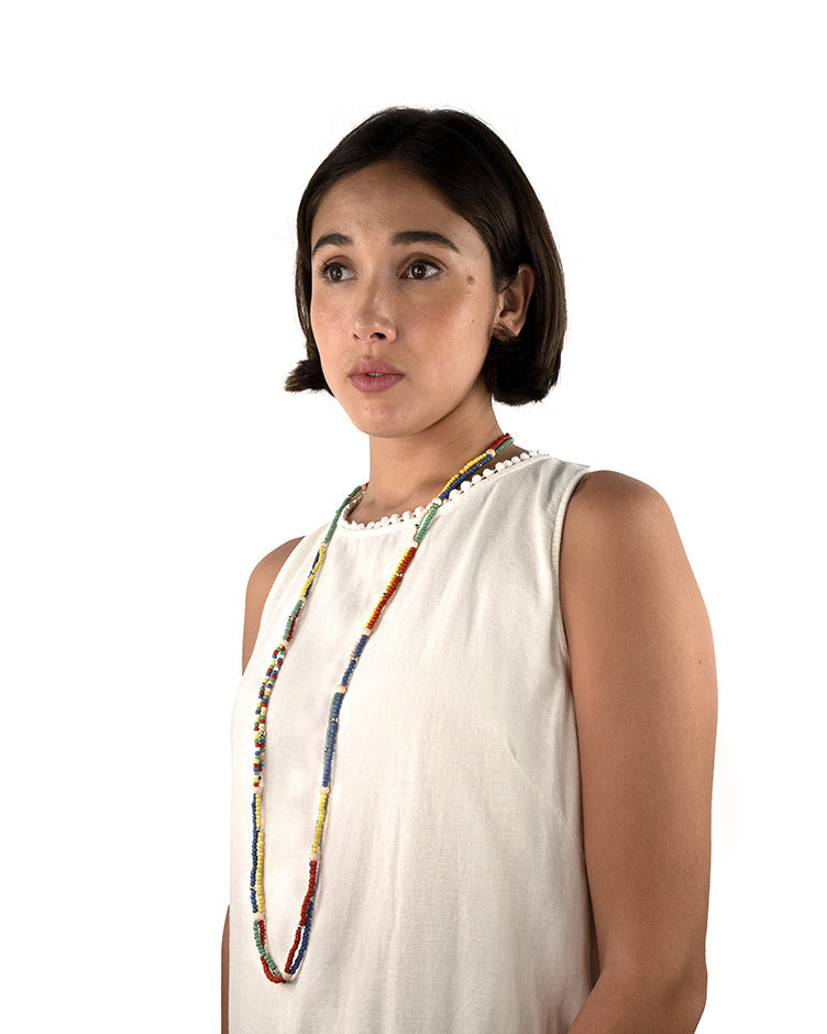 model wearing amal more yellow moy handmade long necklace